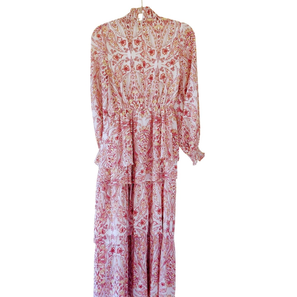 Floral Paisley Tiered Maxi Dress Mock Neck Smocked Cuff Pink XS Cottagecore Boho - Picture 3 of 3